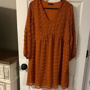 Textured long sleeve Pom babydoll dress in burnt orange. Size medium.
